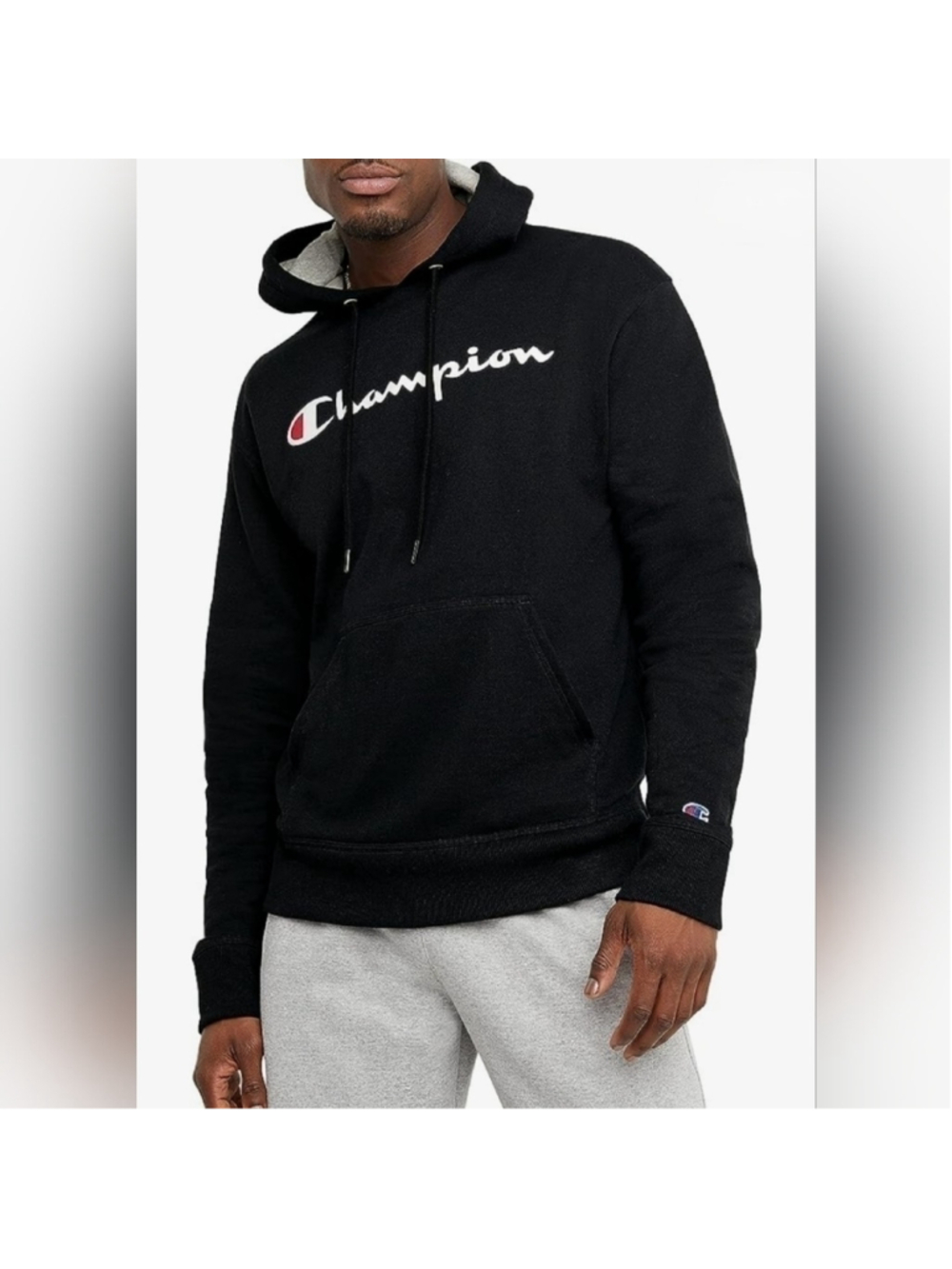 Champion Script Logo Hoodie Mens Small Black Powerblend Pullover